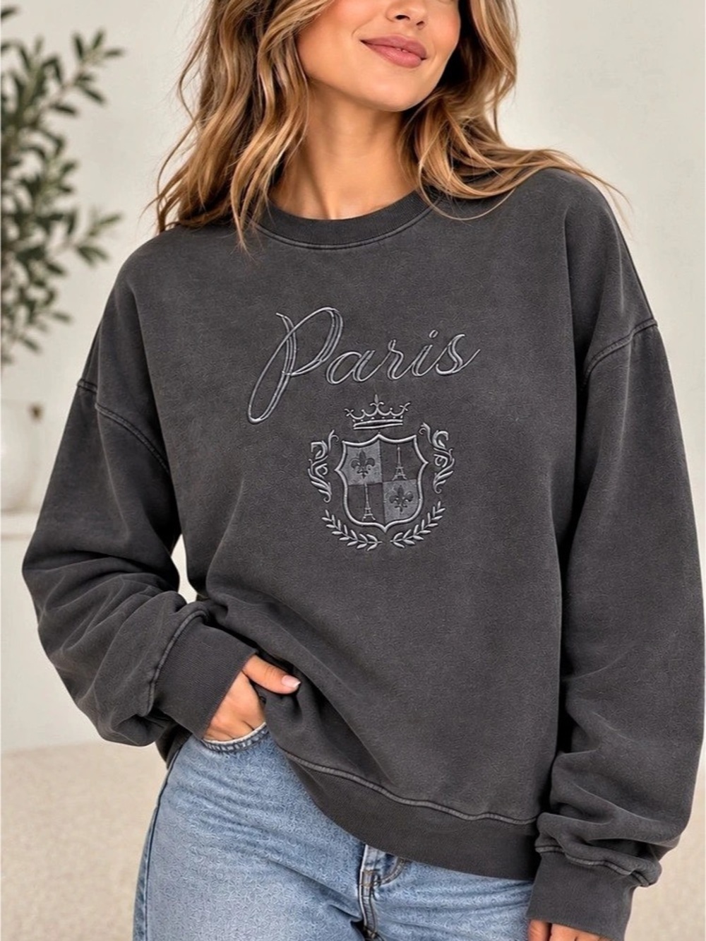 State of Mine Paris Embroidered Oversized Sweatshirt – Charcoal Gray – XXL